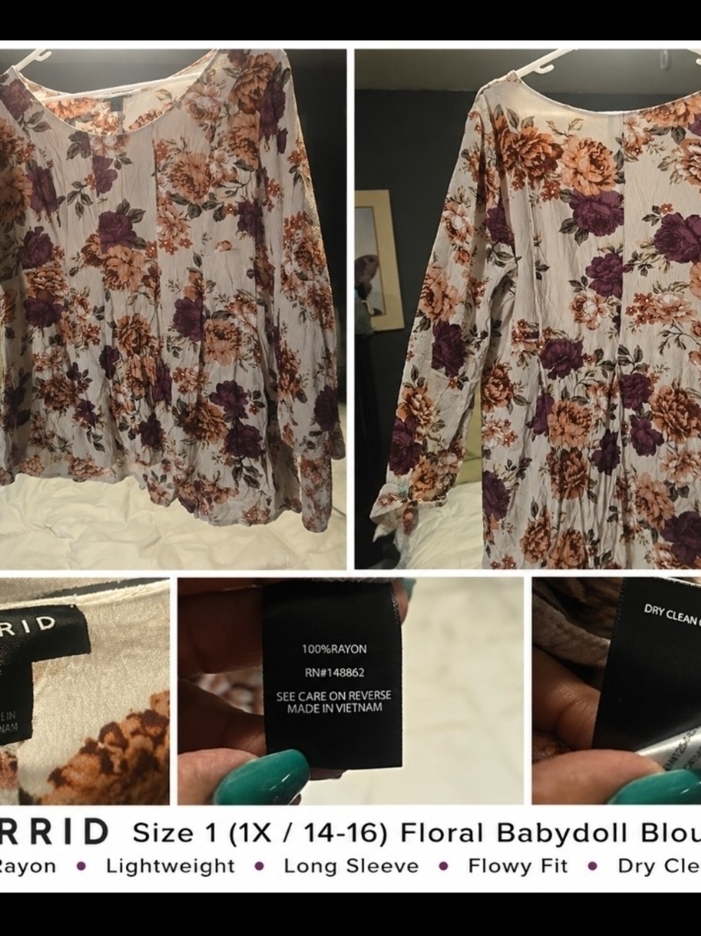 torrid Cream Floral Babydoll Blouse with Brown & Purple Flowers